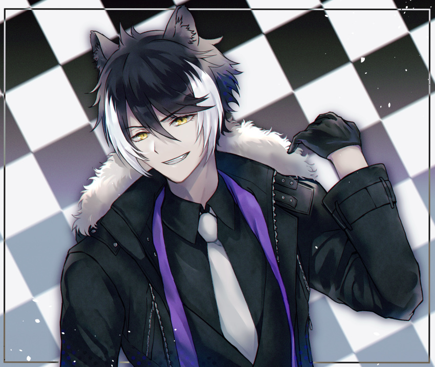 1boy animal_ears black_gloves black_hair black_shirt checkered_background collared_shirt fur-trimmed_jacket fur_trim gloves grin highres holostars jackal_boy jackal_ears jacket kageyama_shien looking_at_viewer multicolored_hair necktie shirt smile solo two-tone_hair user_mhst3483 virtual_youtuber white_hair white_necktie yellow_eyes