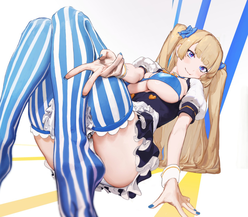 1girl arm_support ass bangs bikini blonde_hair blue_bikini blue_bow blue_eyes blue_nails blue_thighhighs blunt_bangs blush borrowed_character bow breasts cleavage cleavage_cutout closed_mouth clothing_cutout dress fingernails frilled_dress frills hair_bow highres large_breasts lina_(michihasu) long_fingernails long_hair looking_at_viewer nail_polish no_shoes original panties puffy_short_sleeves puffy_sleeves short_sleeves simple_background sitting smile solo striped striped_bow striped_legwear swimsuit thighhighs twintails two-tone_legwear underwear v vertical-striped_legwear vertical_stripes very_long_hair waterswing white_panties white_thighhighs wrist_cuffs