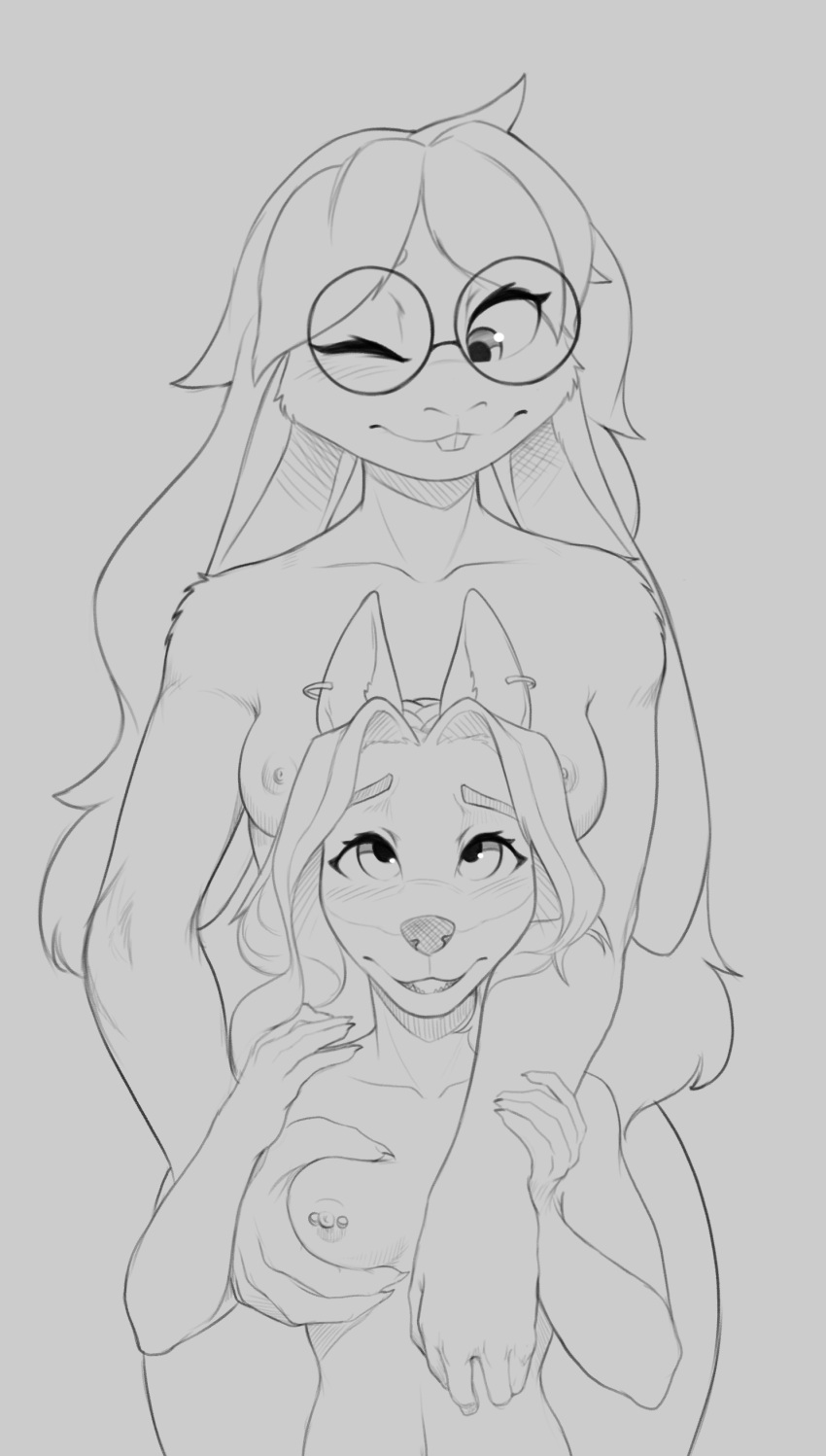 2022 aberdeen_(nukepone) absurd_res agnes_(nukepone) anthro anthro_on_anthro breasts buckteeth bull_terrier canid canine canis domestic_dog duo ear_piercing ear_ring ears_down eyewear eyewear_only female female/female glasses glasses_only groping_breasts groping_from_behind hare hi_res hunting_dog interspecies lagomorph larger_female leporid line_art mammal monochrome nipple_piercing nipples nude one_eye_closed piercing pivoted_ears ring_piercing size_difference smaller_female teeth terrier w4g4