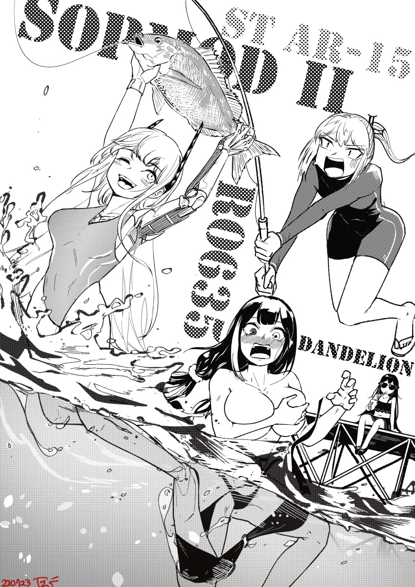 4girls absurdres alternate_costume animal assisted_exposure bangs bikini black_hair breasts character_name cleavage collarbone dandelion_(girls'_frontline) dated fish fishing_rod full_body girls'_frontline grabbing_own_breast greyscale hair_between_eyes hair_ornament highres holding holding_animal holding_fish holding_fishing_rod large_breasts long_hair looking_at_another looking_at_viewer m4_sopmod_ii_(girls'_frontline) medium_breasts monochrome multiple_girls o-ring o-ring_bikini one-piece_swimsuit one_eye_closed one_side_up open_mouth radish_p ro635_(girls'_frontline) sitting small_breasts st_ar-15_(girls'_frontline) swimsuit teeth twintails upper_teeth wading