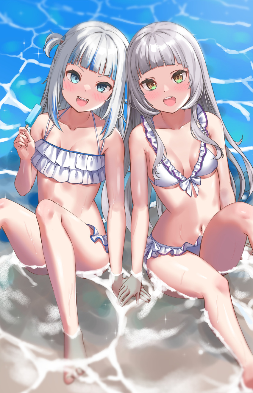 2girls :d absurdres alternate_costume armpit_crease bangs barefoot bikini blue_eyes blue_hair blunt_bangs blush breasts collarbone english_commentary eyelashes food foot_out_of_frame frilled_bikini frills gawr_gura grey_hair hand_up highres holding_hands hololive hololive_english leaning_back legs long_hair looking_at_viewer mixed-language_commentary multicolored_hair multiple_girls murasaki_shion navel one_side_up open_mouth orange_eyes popsicle sharp_teeth shichiyanke shiny shiny_hair sidelocks sitting small_breasts smile stomach streaked_hair swimsuit teeth thighs underboob upper_body virtual_youtuber water wet white_bikini