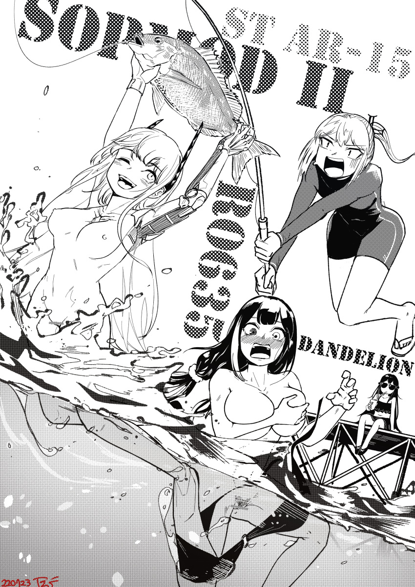 4girls absurdres alternate_costume animal assisted_exposure bangs bar_censor bikini black_hair breasts censored character_name cleavage collarbone cup dandelion_(girls'_frontline) dated drinking drinking_straw_in_mouth embarrassed expressionless female_pubic_hair fish fishing_rod full_body girls'_frontline grabbing_own_breast greyscale hair_between_eyes hair_ornament happy highres holding holding_animal holding_fish holding_fishing_rod large_breasts long_hair looking_at_another looking_at_viewer m4_sopmod_ii_(girls'_frontline) medium_breasts monochrome multiple_girls nipples o-ring o-ring_bikini one_eye_closed one_side_up open_mouth pointless_censoring pubic_hair radish_p ro635_(girls'_frontline) sitting small_breasts smile st_ar-15_(girls'_frontline) sunglasses surprised swimsuit teeth twintails upper_teeth wading