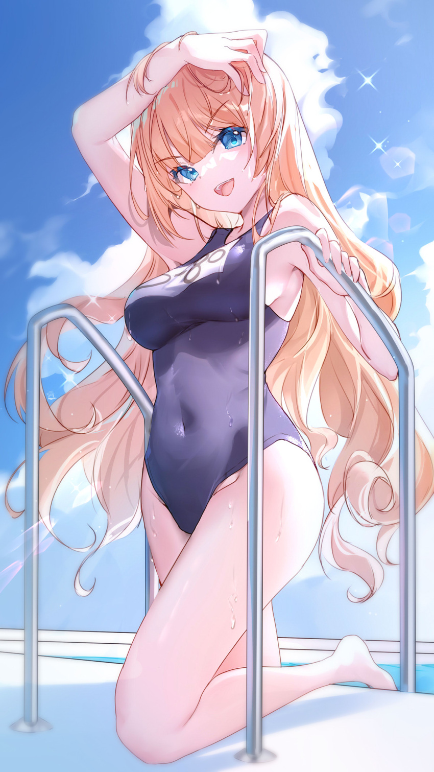 1girl :d arm_up bare_arms bare_shoulders barfleur_(warship_girls_r) bison_cangshu blonde_hair blue_eyes blue_swimsuit breasts covered_navel day highres large_breasts long_hair looking_at_viewer name_tag one-piece_swimsuit open_mouth outdoors pool_ladder revision smile solo swimsuit thighs v-shaped_eyebrows very_long_hair warship_girls_r