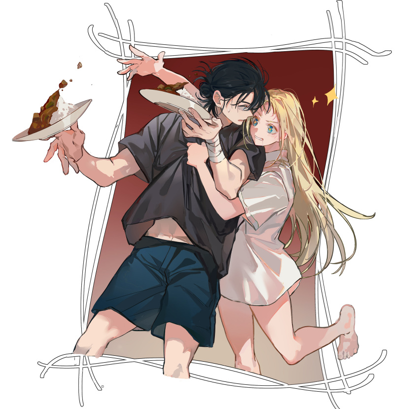 +_+ 1boy 1girl ajiro_shinpei arm_up bandaged_arm bandages bare_legs barefoot black_hair black_shirt blonde_hair blue_eyes blue_shorts chinese_commentary commentary_request cropped_legs curry curry_rice drooling dropping food hair_bun highres kofune_ushio long_hair looking_at_another open_mouth outstretched_arms plate rice saliva shirt shirt_grab short_hair short_sleeves shorts simple_background single_hair_bun standing summertime_render white_background white_shirt yuxia_xianyin