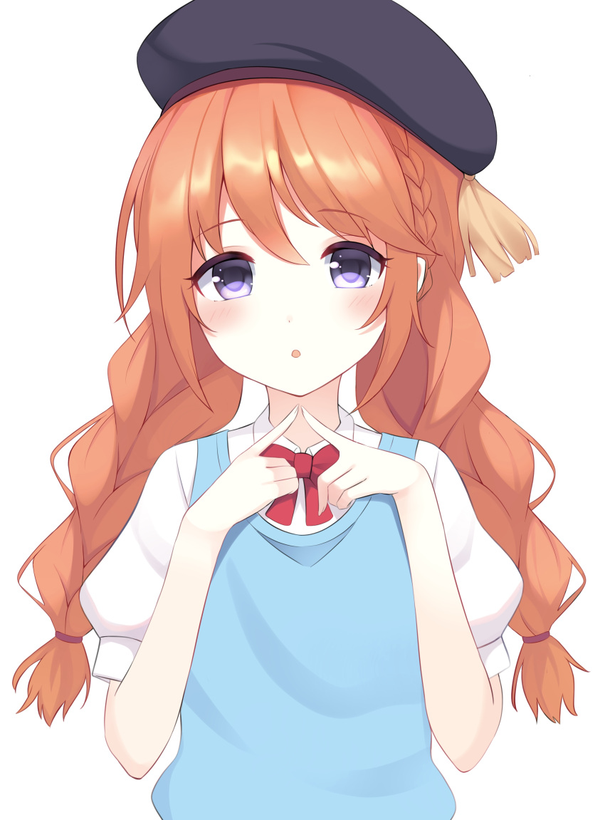 1girl :o absurdres blush bow bowtie braid cardigan_vest commentary_request decision5021 hat highres index_fingers_together looking_at_viewer orange_hair princess_connect! purple_eyes school_uniform simple_background solo twin_braids upper_body white_background yuni_(princess_connect!)