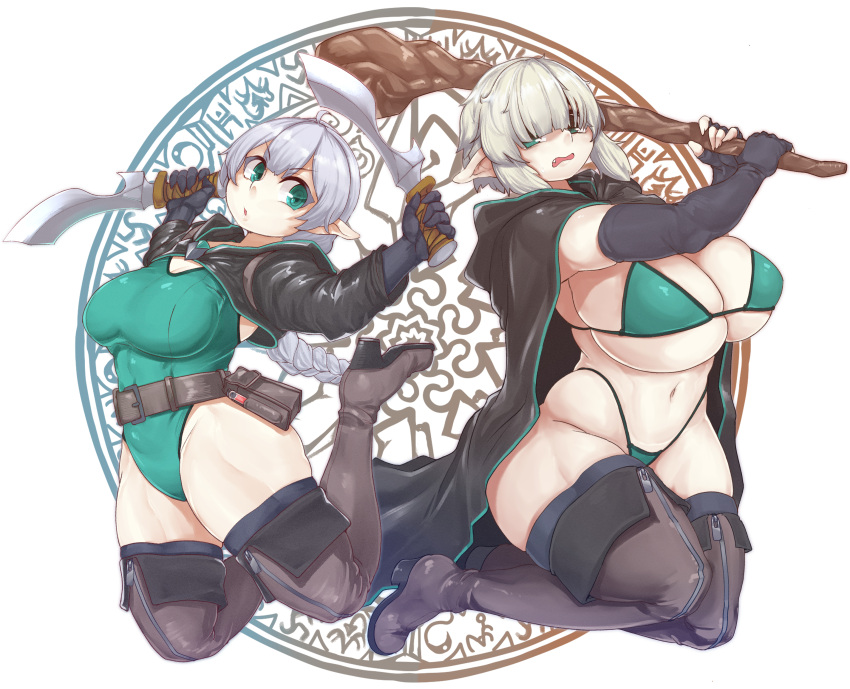 2girls :o absurdres belt belt_pouch bikini black_gloves boots borrowed_character braid braided_ponytail breasts cape dual_wielding elf fang fingerless_gloves gloves green_bikini green_eyes green_leotard grey_hair hair_over_eyes highleg highleg_bikini highres holding huge_breasts jumping leotard long_hair long_pointy_ears magic_circle medium_breasts mu_inochi multiple_girls navel original plump pointy_ears pouch short_hair short_sword shrug_(clothing) single_braid staff swimsuit sword thick_thighs thigh_boots thighs v-shaped_eyebrows very_long_hair wavy_mouth weapon zipper_footwear
