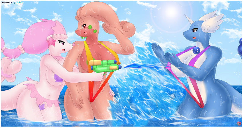 alternate_color anthro areola areola_slip big_breasts bikini blue_body breasts clothing dragonair female goodra group hi_res navel nintendo orange_body pink_body pink_eyes pok&eacute;mon pok&eacute;mon_(species) primarina red_eyes sea seashell_bra shinn signature sling_bikini splashing swimwear toy toy_gun trio video_games water water_gun wet