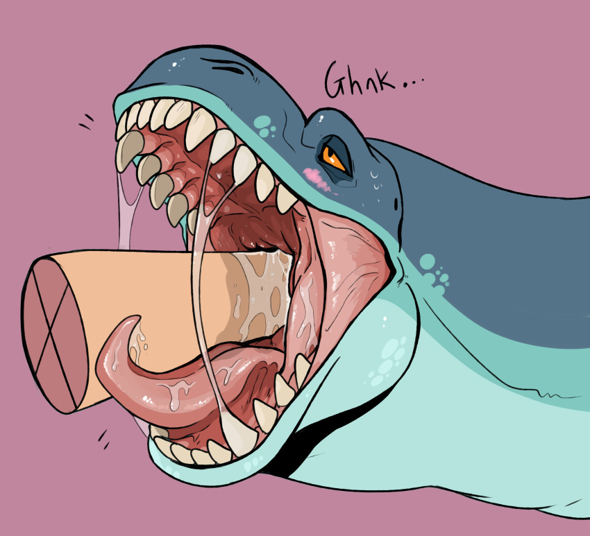 absurd_res ambiguous_gender blue_body blue_scales bodily_fluids dinosaur disembodied_hand duo glistening glistening_eyes glistening_tongue hi_res imperatorcaesar narrowed_eyes open_mouth oral_fisting red_tongue reptile saliva saliva_on_arms saliva_on_tongue saliva_string scales scalie simple_background solo_focus teeth tongue tongue_out