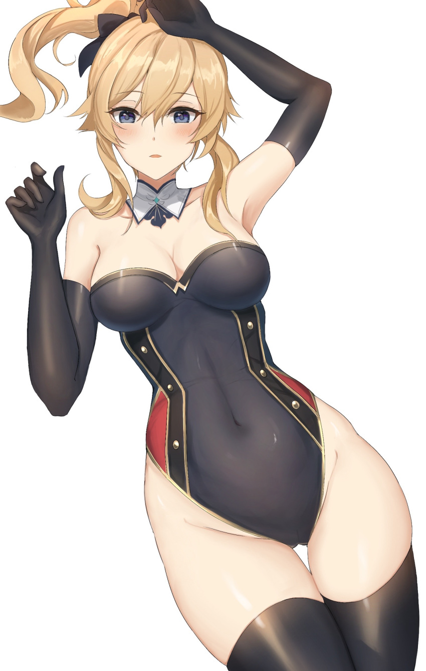 1girl arm_up bangs bare_shoulders black_gloves black_leotard black_thighhighs blonde_hair blue_eyes blush breasts cleavage covered_navel cowboy_shot detached_collar dutch_angle elbow_gloves genshin_impact gloves groin hair_between_eyes hair_ribbon hand_on_own_head hand_up highleg highleg_leotard highres jean_(genshin_impact) large_breasts leotard looking_at_viewer multicolored_leotard nontraditional_playboy_bunny nyome991 ponytail ribbon simple_background solo strapless strapless_leotard thighhighs thighs white_background