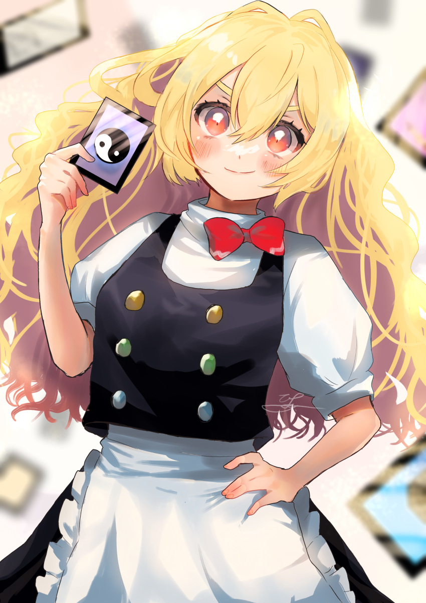 100th_black_market 1girl absurdres apron black_skirt black_vest blonde_hair blush card closed_mouth hair_between_eyes hand_on_hip highres holding holding_card kirisame_marisa long_hair orange_eyes shirt short_sleeves signature skirt smile solo touhou uchisaki_himari upper_body vest white_apron white_shirt