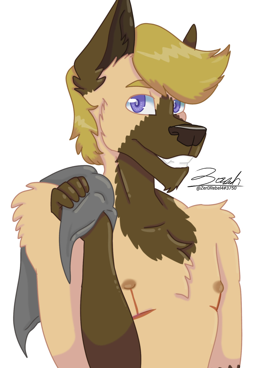 2022 absurd_res anthro blonde_hair brown_body brown_fur bust_portrait canid canine canis cheek_tuft chest_tuft chin_tuft colored digital_drawing_(artwork) digital_media_(artwork) domestic_dog facial_tuft fur german_shepherd gloves_(marking) hair herding_dog hi_res holding_object hybrid jackson_(zer0rebel4) looking_at_viewer male mammal markings mastectomy_scar nipples object_on_shoulder pastoral_dog portrait purple_eyes scar shaded shirtless shirtless_male smile solo tan_body tan_fur towel trans_(lore) trans_man_(lore) tuft visibly_trans wolf zer0rebel4