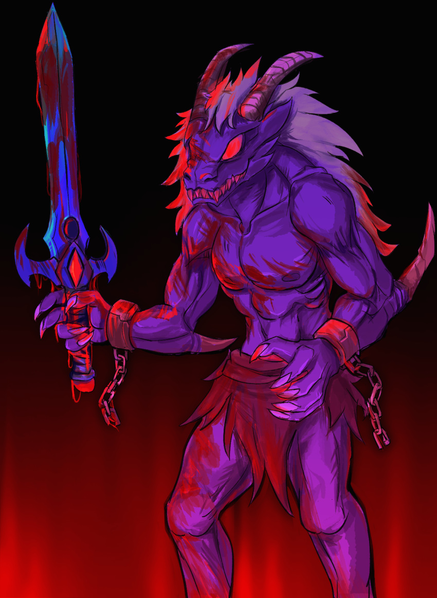 beast_(disambiguation) blood bodily_fluids bottomwear chain chained_one clothing covered_in_blood cuff_(restraint) demon fangs glowing glowing_eyes hair half_naked hi_res horn humanoid humanoid_pointy_ears loincloth long_hair melee_weapon monster muscular nipples pecs rags restraints shackles shadow_of_the_beast slave sword tcrakman teeth torn_clothing weapon