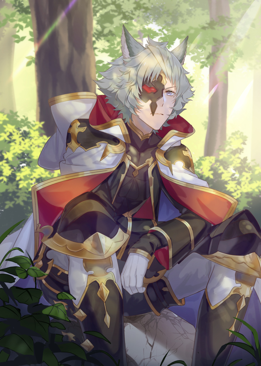 1boy animal_ears bodysuit bush cloak closed_mouth feet_out_of_frame forest frown gloves granblue_fantasy grey_eyes grey_hair half_mask highres hood hood_down hooded_cloak jiman knee_pads knees_up looking_at_viewer male_focus mask mole mole_under_eye nature outdoors pants rock seox_(granblue_fantasy) short_hair sitting solo sunlight thai_commentary tree v-shaped_eyebrows white_gloves white_pants