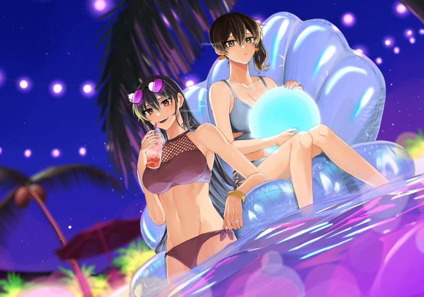 2girls alternate_costume bangle bangs bikini black_hair bracelet breasts brown_eyes cleavage closed_mouth commentary_request cup disposable_cup drinking_straw earrings eyewear_on_head grey_bikini hair_between_eyes heart heart-shaped_eyewear highres holding holding_cup inflatable_chair inflatable_toy jewelry kaga_(kancolle) kantai_collection large_breasts lights long_hair looking_at_viewer machi_(ritovoyage) multiple_girls nagato_(kancolle) nail_polish necklace night outdoors ponytail pool red_bikini red_eyes ring side_ponytail soaking_feet sparkle sunglasses swimsuit twitter_username very_long_hair wading water