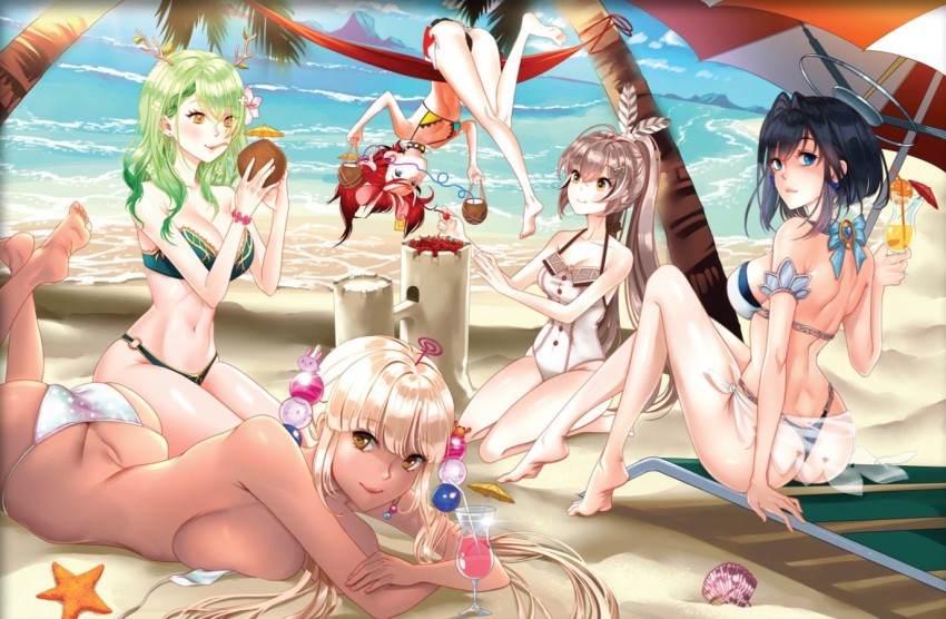 5girls animal_ears antlers ass beach berry bikini black_bikini black_hair blue_hair breasts brown_eyes brown_hair ceres_fauna cleavage coconut commentary dark-skinned_female dark_skin fake_antlers feather_hair_ornament feathers flower-shaped_hair food fruit green_bikini green_hair hair_ornament hakos_baelz holocouncil hololive hololive_english kaniko_(tsukumo_sana) large_breasts light_brown_hair limiter_(tsukumo_sana) looking_at_viewer luwudco medium_breasts mouse_ears mouse_girl mouse_tail multicolored_hair multiple_girls nanashi_mumei one-piece_swimsuit ouro_kronii red_hair sand sand_castle sand_sculpture small_breasts streaked_hair swimsuit tail tsukumo_sana two-tone_bikini usaslug_(tsukumo_sana) virtual_youtuber water white_bikini white_hair yellow_eyes