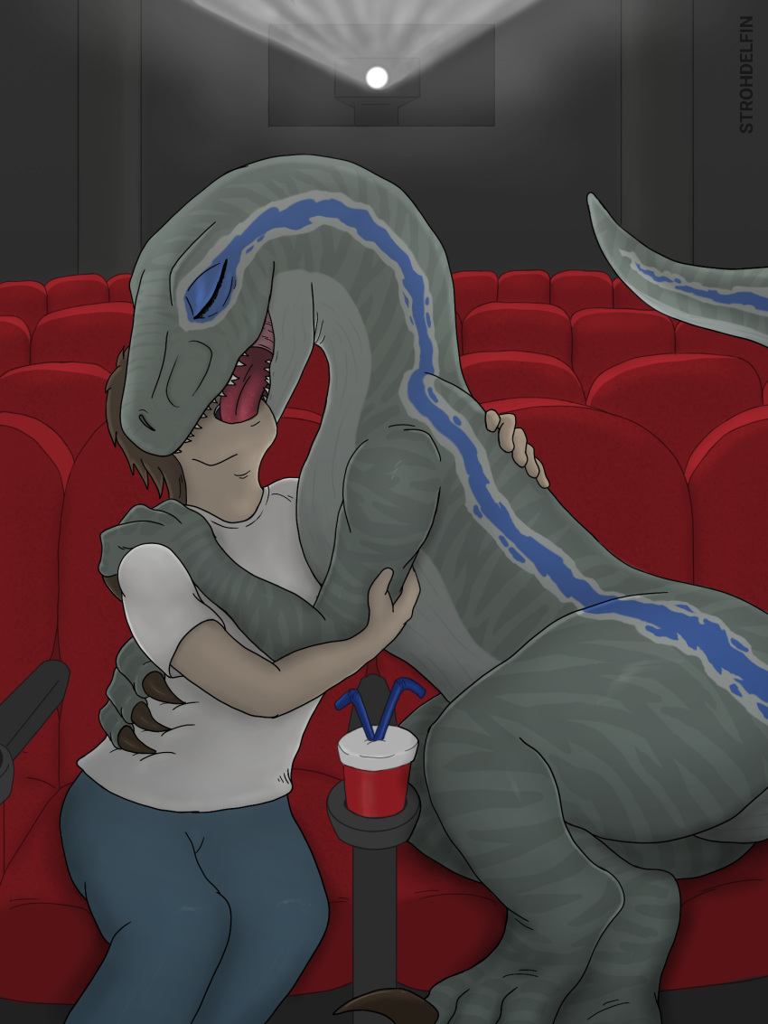 bestiality beverage blue_(jurassic_world) claws clothed clothing dinosaur duo embrace eyes_closed female feral french_kissing grey_body hi_res hug human human_on_feral interspecies jurassic_park jurassic_world kissing larger_female male male_on_feral mammal movie_theater reptile scalie size_difference strohdelfin tongue tongue_out universal_studios
