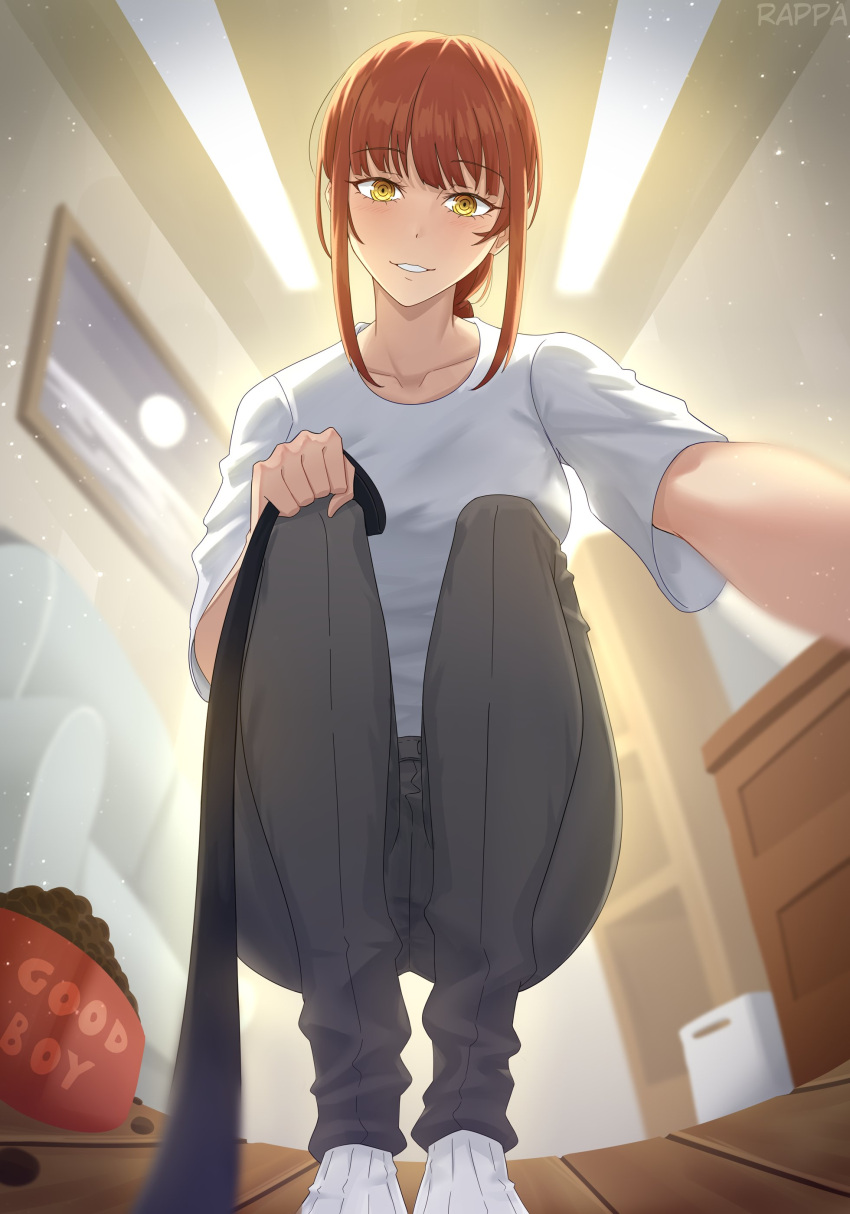 1girl absurdres animal_pov chainsaw_man english_commentary fisheye food_bowl highres indoors leash looking_at_viewer makima_(chainsaw_man) pants pov rappa reaching_out shirt smile solo squatting t-shirt viewer_on_leash white_shirt yellow_eyes