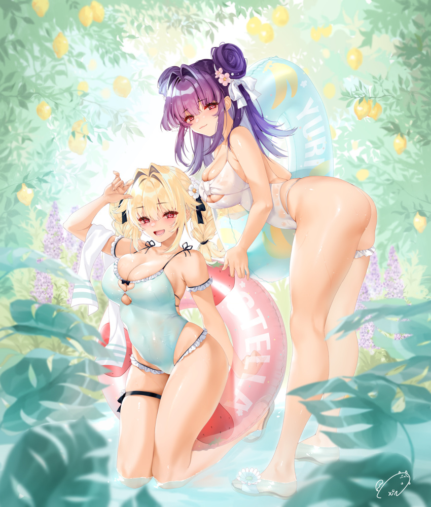 2girls arm_strap ass bare_shoulders blonde_hair blush breasts cleavage closed_mouth food fruit full_body hair_intakes hair_ornament highres innertube lemon long_hair looking_at_viewer multiple_girls obiwan one-piece_swimsuit original parted_lips purple_eyes purple_hair red_eyes signature smile standing swimsuit thigh_strap thighs weisuoxin white_swimsuit