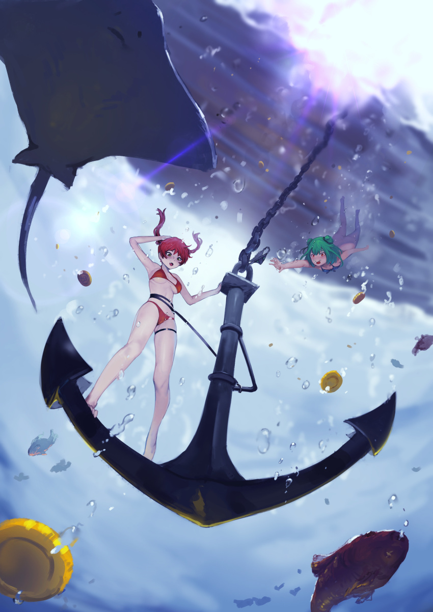 2girls absurdres air_bubble anchor bikini breath bubble bubble_blowing diving fish freediving green_hair highres holding_breath hololive houshou_marine light_rays long_hair multiple_girls open_mouth red_hair rou_(rou22) shark stingray swimming swimsuit twintails underwater uruha_rushia virtual_youtuber