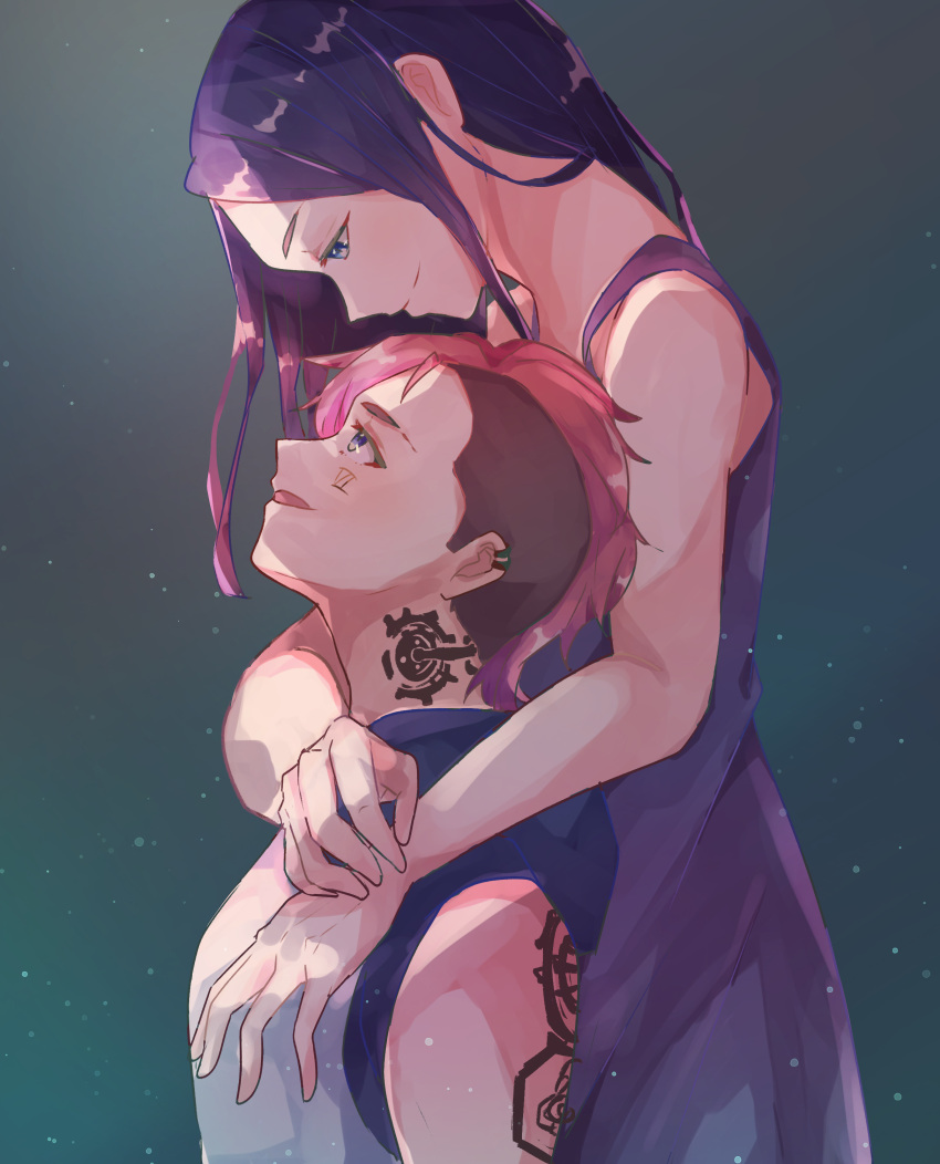 2girls absurdres arcane:_league_of_legends arm_tattoo blue_eyes caitlyn_(league_of_legends) facial_tattoo from_side highres hirasawa_izumi league_of_legends long_hair looking_at_another multiple_girls neck_tattoo pink_hair short_hair sleeveless tattoo vi_(league_of_legends) yuri