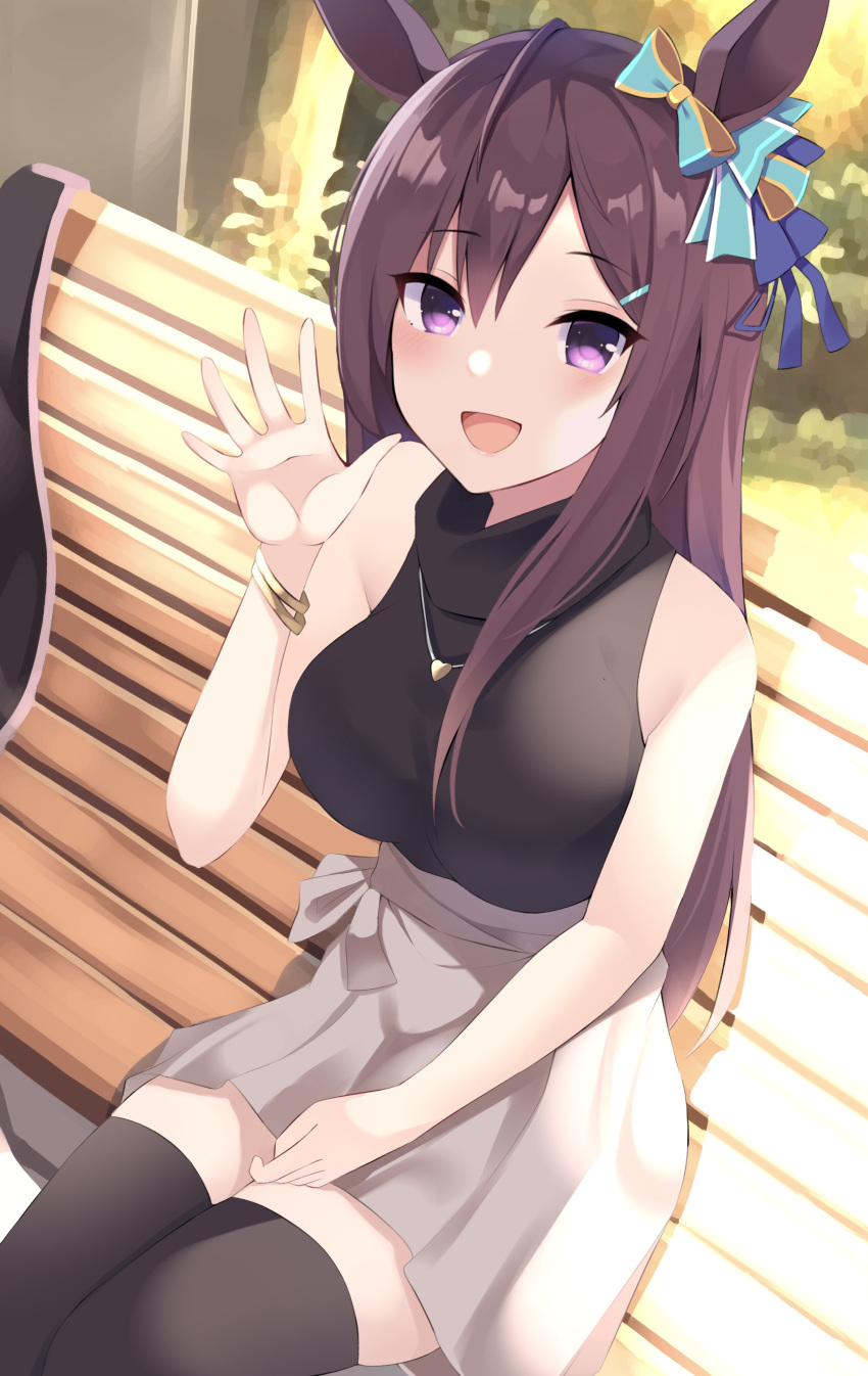 1girl absurdres alternate_costume animal_ears bench breasts casual commentary_request decision5021 hair_ornament hairclip highres horse_ears horse_girl horse_tail long_hair medium_breasts mejiro_dober_(umamusume) open_mouth purple_eyes sitting sleeveless tail thighhighs umamusume waving
