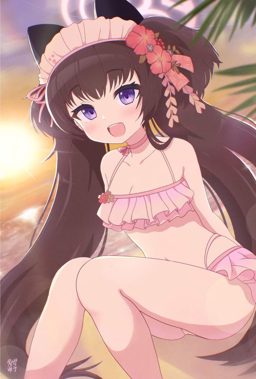 1girl alternate_costume alternate_hairstyle animal_ears beach blue_archive breasts cat_ears cleavage commentary_request fake_animal_ears halo highres long_hair looking_at_viewer navel purple_eyes shizuko_(blue_archive) small_breasts swimsuit twintails yuu2