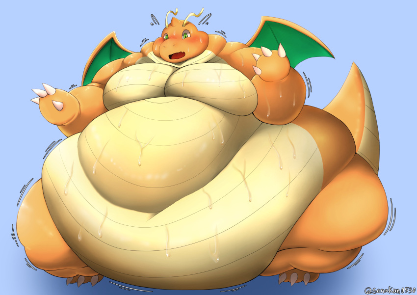 2022 absurd_res ambiguous_gender anthro belly big_belly bodily_fluids claws dragonite hi_res membrane_(anatomy) membranous_wings morbidly_obese morbidly_obese_ambiguous morbidly_obese_anthro motion_lines nintendo obese obese_ambiguous obese_anthro overweight overweight_ambiguous overweight_anthro pok&eacute;mon pok&eacute;mon_(species) senakun0530 simple_background solo standing sweat sweatdrop video_games wings