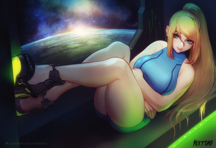 1girl aqua_eyes arms_under_breasts artist_name bangs bare_shoulders bike_shorts blonde_hair blue_shirt blue_shorts blush breasts commentary crossed_ankles full_body high_ponytail large_breasts legs lips long_hair looking_at_viewer lying metroid mole mole_on_thigh mole_under_mouth nextoad on_back parted_lips patreon_username ponytail samus_aran shirt shoes shorts sidelocks sky sleeveless sleeveless_shirt solo space spacecraft_interior star_(sky) starry_sky swept_bangs thighs web_address window