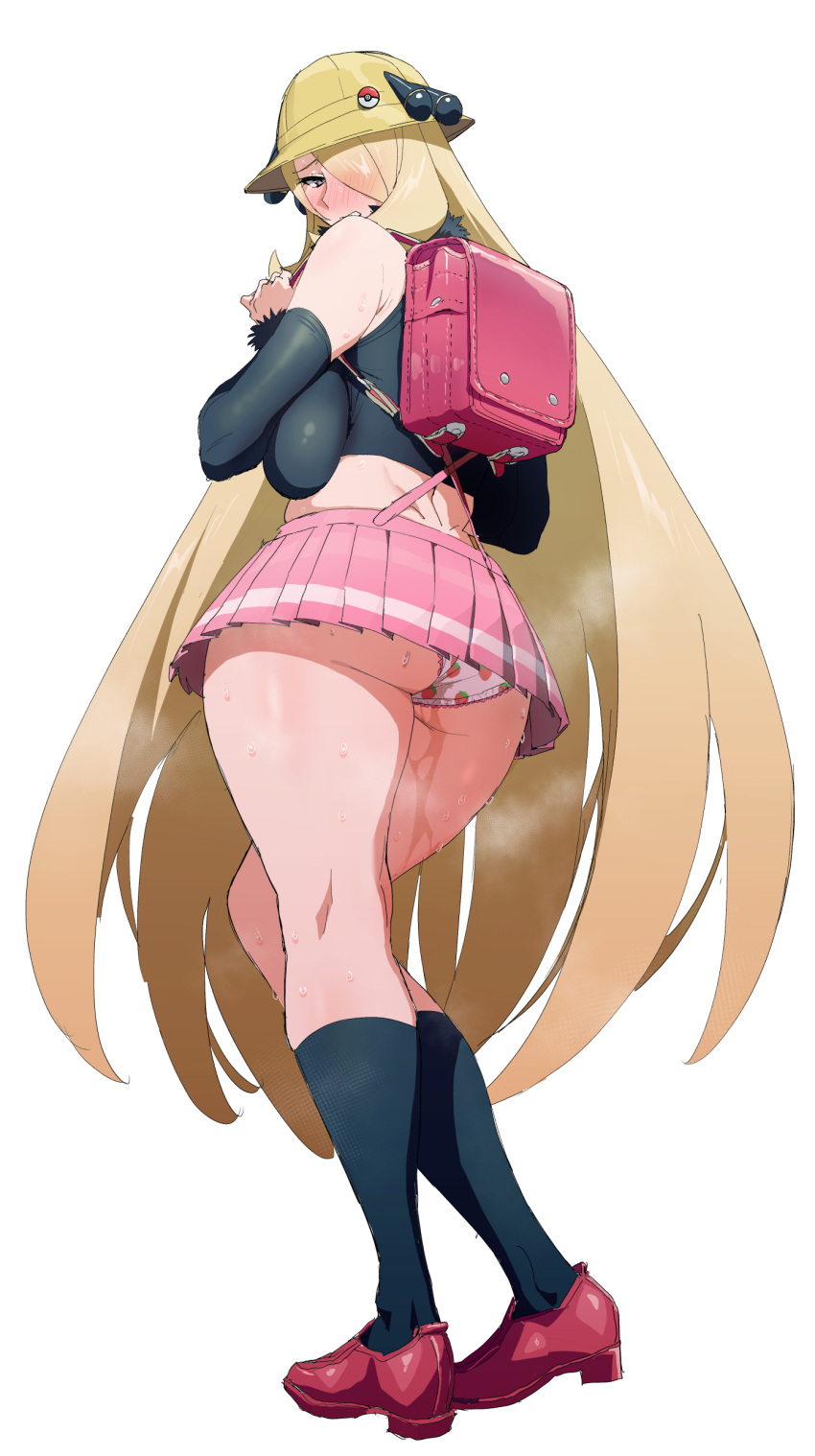 1girl absurdres ass backpack bag blonde_hair blush breasts crop_top cynthia_(pokemon) grey_eyes hair_ornament hair_over_one_eye hat highres ishii_takamori large_breasts long_hair looking_at_viewer panties pokemon pokemon_(game) pokemon_dppt pussy_juice shoes skirt socks solo steam sweat thighs underwear very_long_hair white_background