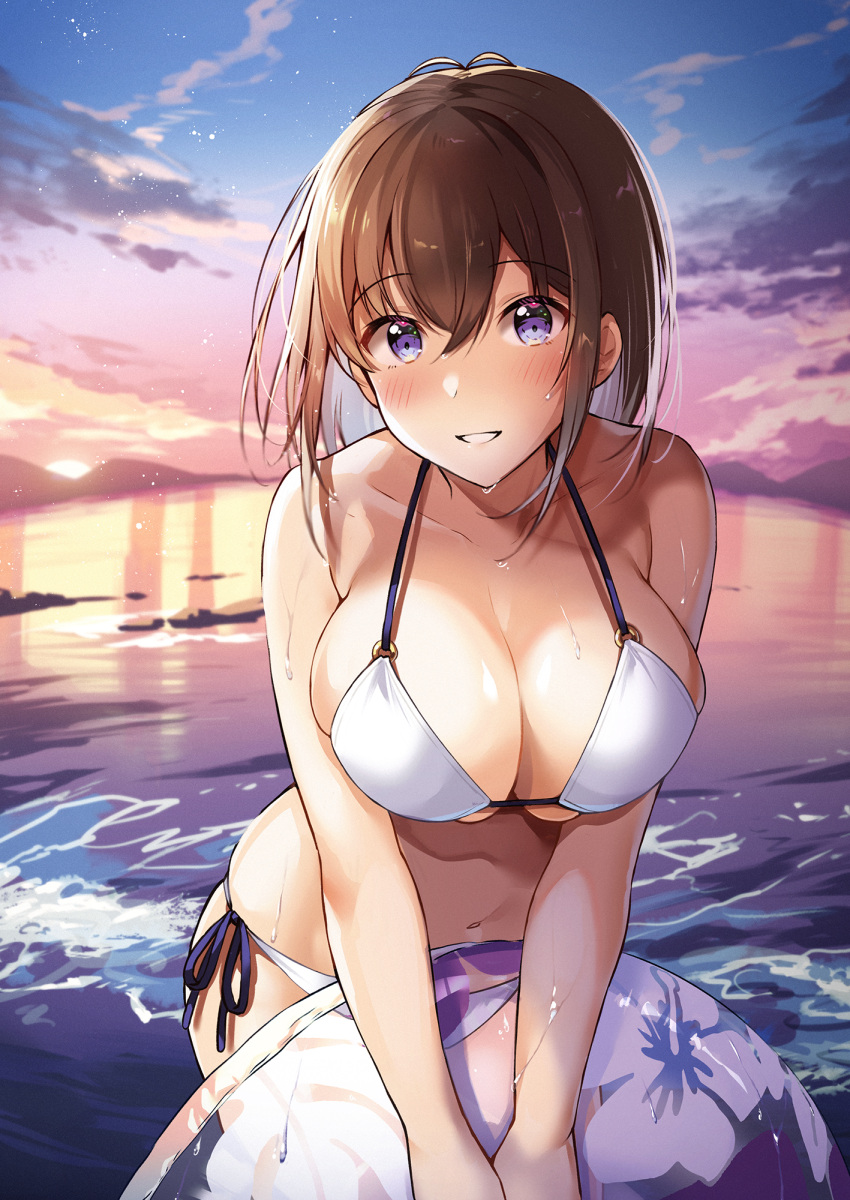 1girl bangs bikini blue_eyes blush breasts brown_hair cleavage commentary_request highres holding holding_innertube innertube large_breasts medium_hair navel original outdoors parted_lips shiro_kuma_shake side-tie_bikini smile sunset swimsuit water white_bikini