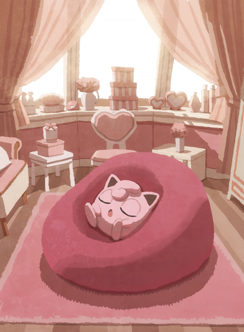 absurdres bean_bag_chair box carpet chair closed_eyes curtains gift gift_box heart highres hyogonosuke indoors jigglypuff no_humans open_mouth pokemon pokemon_(creature) sitting sleeping solo vase window