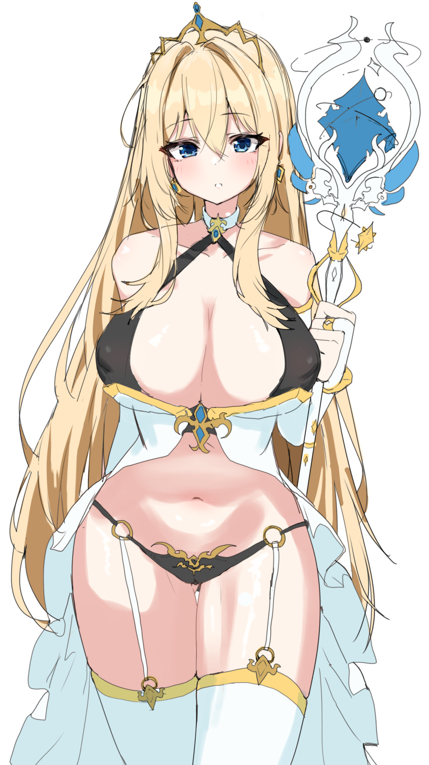 1girl absurdres bare_shoulders black_panties blonde_hair blue_eyes breasts bridal_gauntlets center_opening cleavage collarbone commission covered_nipples cowboy_shot dress garter_straps halter_dress halterneck highres holding holding_staff large_breasts long_hair looking_at_viewer navel original panties parted_lips revealing_clothes sleeveless sleeveless_dress solo staff standing stomach thigh_gap thighhighs tiara underwear very_long_hair w.k white_dress white_thighhighs