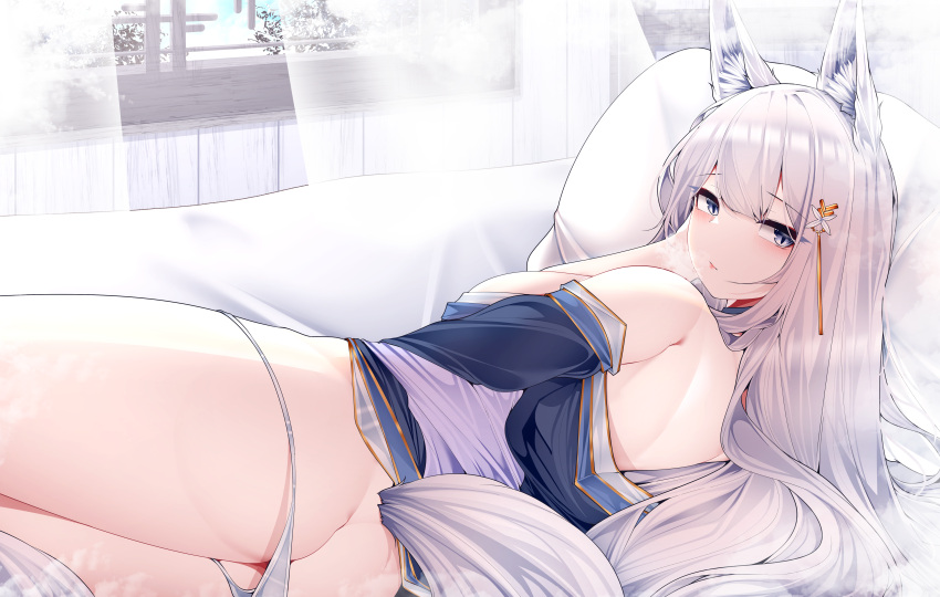 1girl absurdres animal_ear_fluff animal_ears ass azur_lane back bangs bare_back bare_legs bare_shoulders bed bed_sheet blue_eyes blue_kimono blush closed_mouth commentary curtains dated_commentary day eyebrows_hidden_by_hair fox_ears fox_girl fox_tail from_behind hair_ornament hand_to_own_face highres indoors japanese_clothes kimono kitsune kyuubi long_hair looking_at_viewer lying multiple_tails off_shoulder on_bed on_side panties panty_pull partially_undressed pillow samip shinano_(azur_lane) sidelocks slit_pupils solo symbol-only_commentary tail thighs underwear very_long_hair white_hair white_panties white_tail window