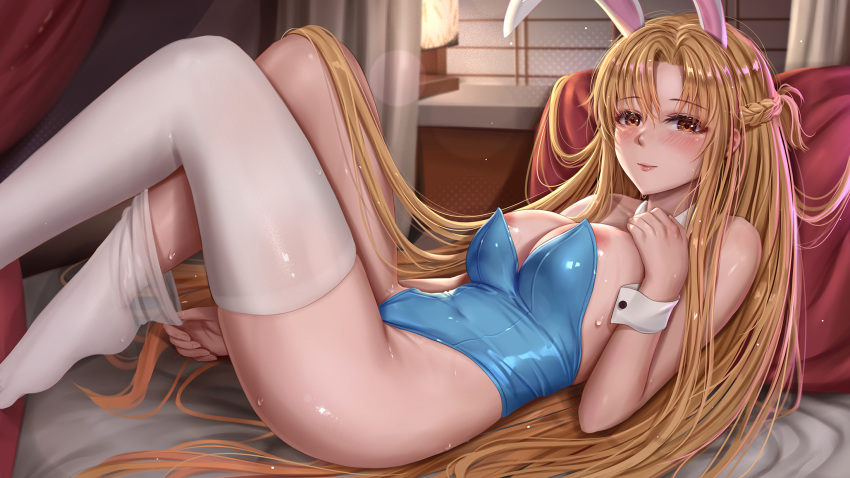 1girl animal_ears areola_slip asuna_(sao) bed_sheet blue_leotard blush braid breasts brown_eyes brown_hair closed_mouth curtains cushion detached_collar fake_animal_ears hair_spread_out highres knees_up large_breasts leotard lips long_hair looking_at_viewer lying night night_sky on_back playboy_bunny pulled_by_self rabbit_ears short_ponytail sky solo suuru sweat sword_art_online thighhighs thighhighs_pull white_thighhighs white_wrist_cuffs window