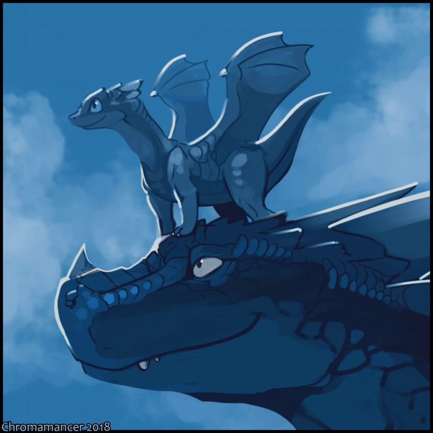 2018 ambiguous_gender blue_body blue_scales border carrying chromamancer cloud digital_media_(artwork) digital_painting_(artwork) dragon duo facial_horn feral hi_res horn membrane_(anatomy) membranous_wings nose_horn on_head outside restricted_palette scales scalie size_difference sky smile snaggle_tooth wings young