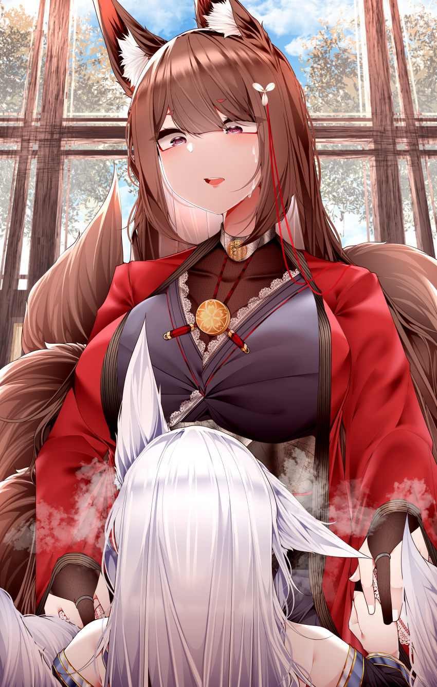 2girls absurdres amagi_(azur_lane) animal_ear_fluff animal_ears azur_lane bangs blue_sky blunt_bangs bodystocking branch breasts bridal_gauntlets brown_hair brown_tail cloud cloudy_sky commentary dated_commentary day fox_ears fox_girl fox_tail heavy_breathing highres holding_hands implied_sex implied_yuri indoors japanese_clothes jewelry kimono kitsune kyuubi large_breasts long_hair looking_at_another multiple_girls multiple_tails o_o off_shoulder open_mouth parted_lips purple_eyes red_kimono ring samip shinano_(azur_lane) sky standing steam sweat sweatdrop symbol-only_commentary tail teeth tree very_long_hair white_hair white_tail window yuri