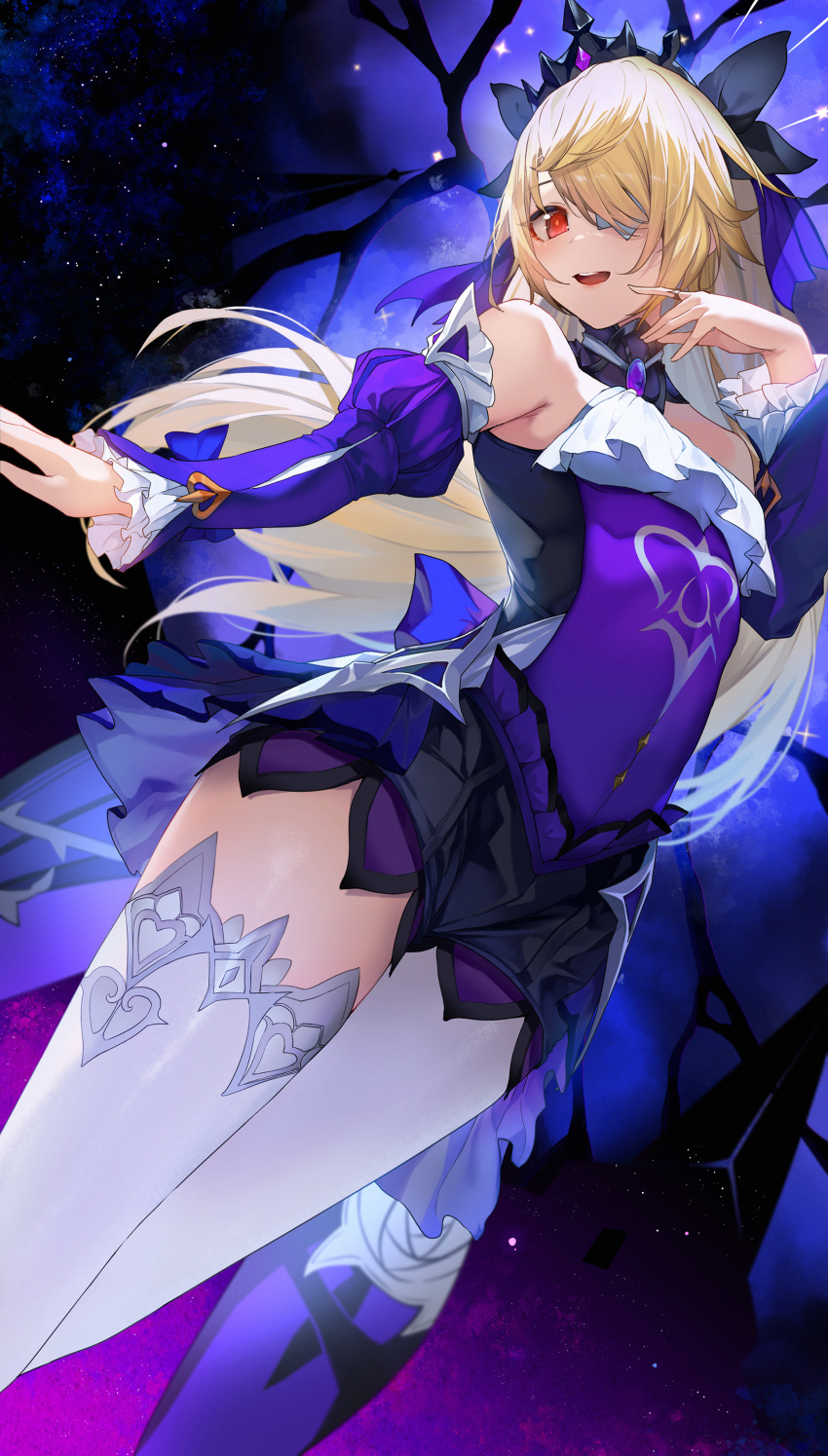 1girl absurdres black_bow blonde_hair bow choker detached_sleeves fischl_(ein_immernachtstraum)_(genshin_impact) fischl_(genshin_impact) genshin_impact hair_bow highres long_hair looking_at_viewer one_eye_covered open_mouth purple_choker purple_sleeves red_eyes snozaki solo thighhighs white_thighhighs