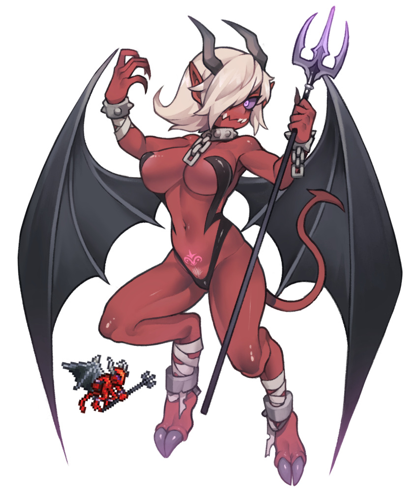 1girl black_horns black_wings breasts chain claws colored_sclera colored_skin cuffs demon_girl demon_horns demon_tail demon_wings female_pubic_hair highres horns lingerie looking_at_viewer medium_breasts medium_hair nyong_nyong one_eye_covered personification pointy_ears polearm pubic_hair purple_eyes pussy pussy_peek red_devil red_skin shackles sharp_teeth solo tail tattoo teeth terraria trident underwear weapon white_hair wings