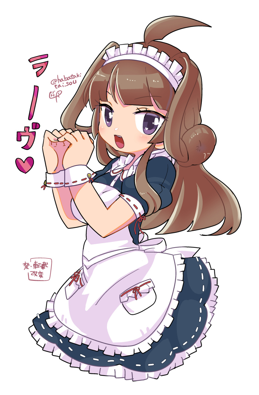 1girl alternate_costume apron black_dress brown_hair double_bun dress enmaided frilled_dress frills hair_bun highres kantai_collection kongou_(kancolle) long_hair lr_hijikata maid maid_apron maid_headdress puffy_short_sleeves puffy_sleeves purple_eyes short_dress short_sleeves solo white_apron