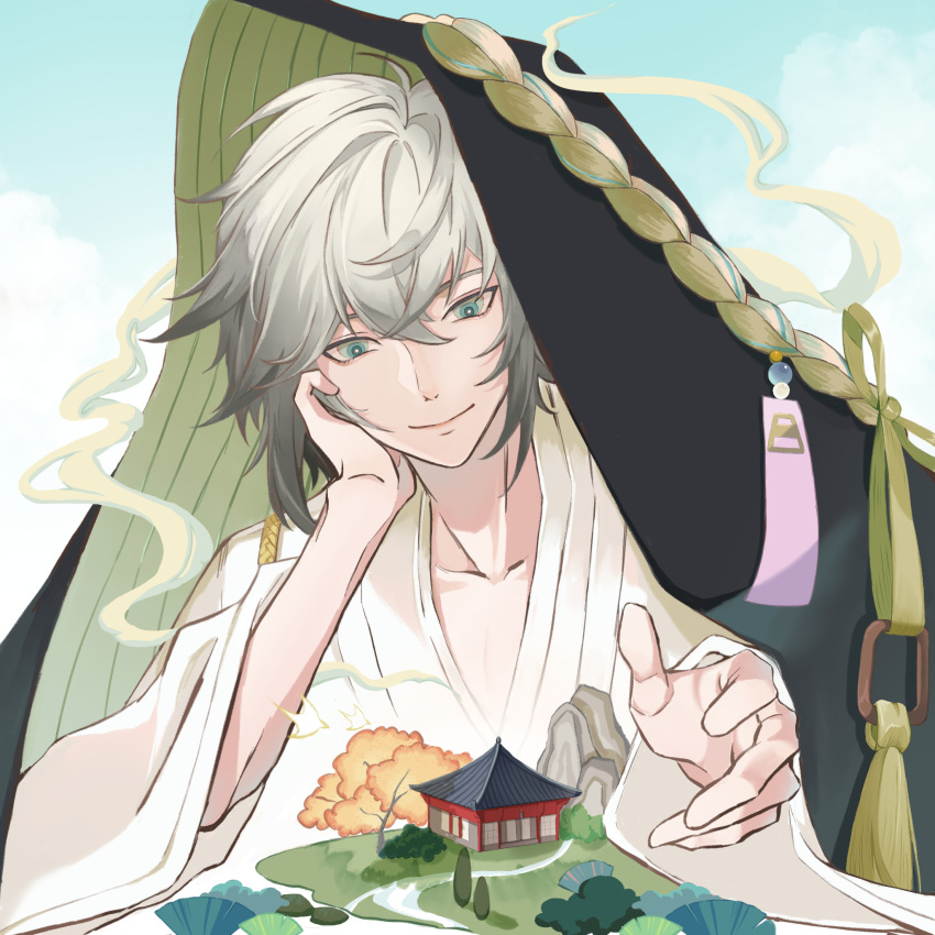 1boy aqua_eyes architecture arm_support bishounen braid east_asian_architecture fukengaku grey_hair hair_between_eyes hand_on_own_face highres japanese_clothes kimono light_smile long_sleeves male_focus onmyoji ringed_eyes short_hair solo tassel uchikake upper_body user_czxs5283 wide_sleeves