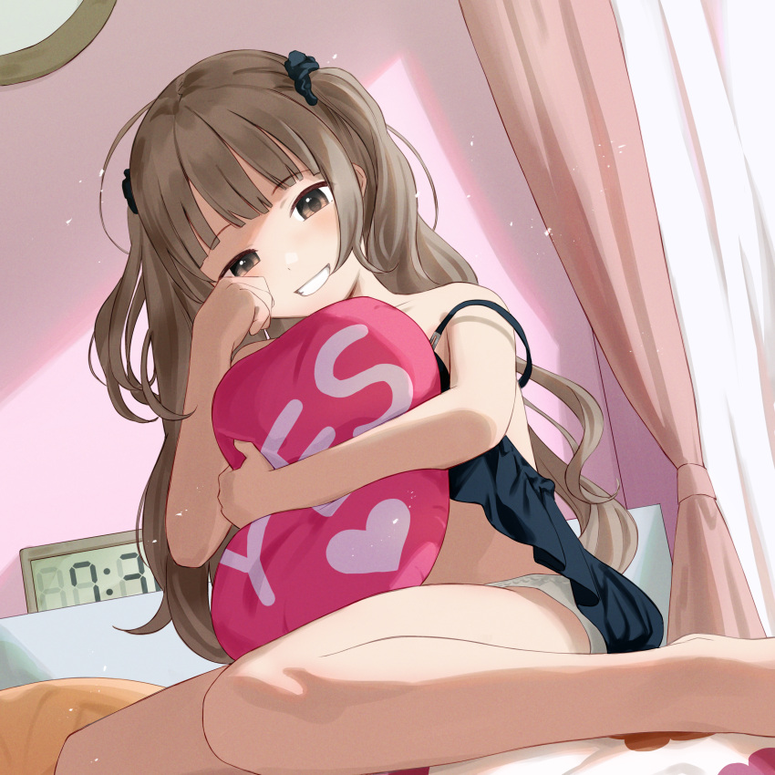 1girl absurdres akira_tooru brown_eyes brown_hair clock commentary curtains digital_clock english_commentary highres indoors lingerie long_hair looking_at_viewer negligee object_hug on_bed original panties pillow pillow_hug shadow sitting smile solo teeth thighs two_side_up underwear yes-no_pillow