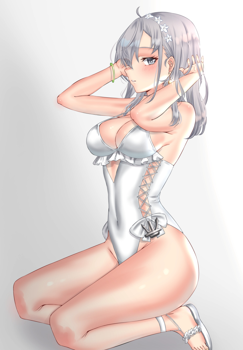 1girl absurdres breasts casual_one-piece_swimsuit commentary_request cosplay flower frilled_swimsuit frills gradient gradient_background grey_eyes grey_hair hair_flower hair_ornament hairband highleg highleg_swimsuit highres kantai_collection kneeling long_hair medium_breasts one-piece_swimsuit sagiri_(kancolle) sagiri_(kancolle)_(cosplay) seyrensophia side-tie_swimsuit solo suzutsuki_(kancolle) swimsuit toeless_footwear white_swimsuit