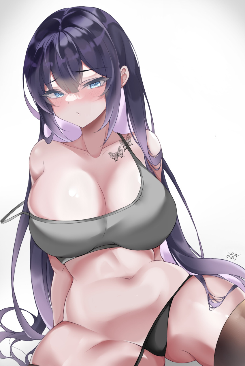 1girl :o absurdres bangs black_panties black_thighhighs blue_eyes blush breasts bug butterfly butterfly_tattoo cleavage clothes_pull crop_top highres large_breasts leaning_back leon_decarabia looking_at_viewer navel original panties panty_pull partially_undressed purple_hair shirt_pull shoulder_tattoo sitting solo tank_top tattoo thick_thighs thighhighs thighs thong underwear white_background yuna_(biya_(1024))