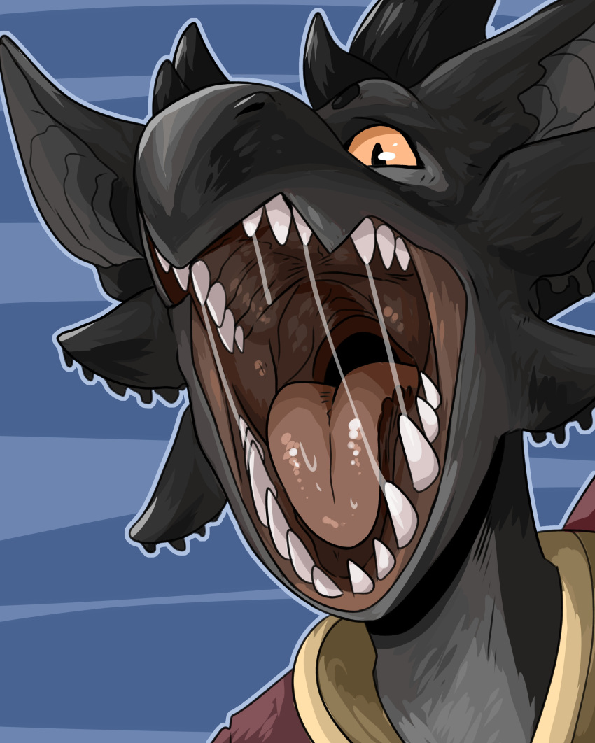absurd_res anthro black_body black_ears black_horn bodily_fluids front_view glistening glistening_eyes glistening_tongue grey_inner_ear hi_res horn imperatorcaesar male mouth_shot open_mouth pupils red_tongue saliva saliva_string simple_background slit_pupils solo tongue