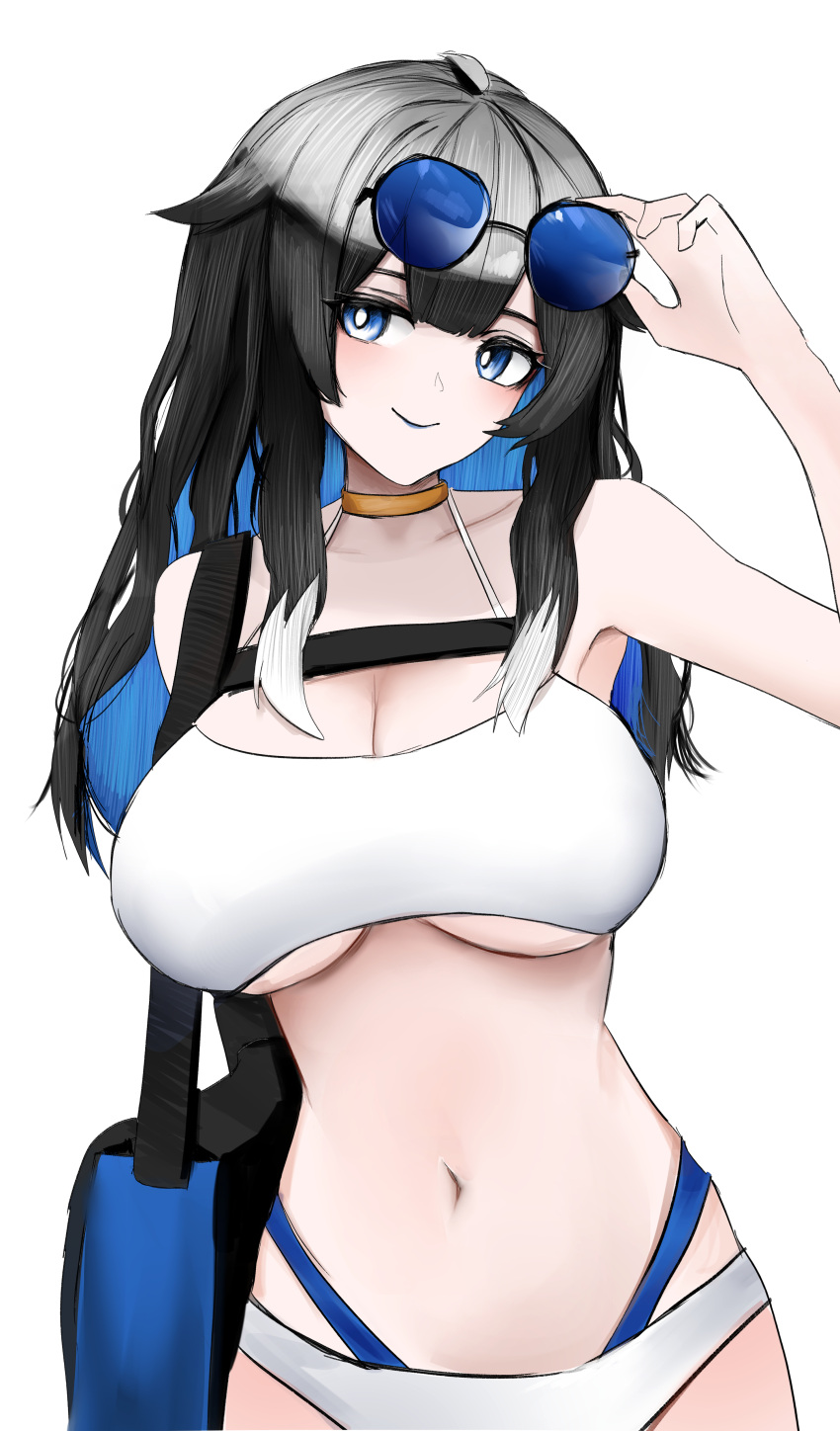 1girl absurdres arknights bag bikini black_hair blue-tinted_eyewear blue_eyes blue_hair breasts cleavage collar colored_inner_hair cowboy_shot eyewear_on_head hair_flaps hand_on_eyewear highres kjera_(arknights) large_breasts looking_at_viewer multicolored_hair navel orange_collar shoulder_bag simple_background smile solo stomach streaked_hair sunglasses swimsuit tinted_eyewear wawamachi_(wawamachis) white_background white_bikini white_hair