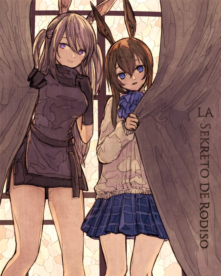 2girls amiya_(arknights) animal_ears arknights bare_legs behind_curtains black_gloves black_shirt blue_eyes blue_skirt bright_pupils brown_hair feet_out_of_frame gloves grey_hair hair_between_eyes hand_up highres index_finger_raised indoors long_sleeves looking_at_viewer multiple_girls murujimu no_jacket no_legwear parted_lips plaid plaid_skirt pleated_skirt purple_eyes rabbit_ears rabbit_girl savage_(arknights) shirt sidelocks skirt smile two_side_up white_pupils white_shirt window