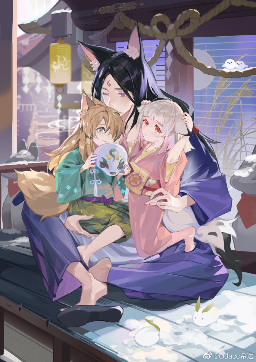 1girl 2boys animal_ear_fluff animal_ears architecture bangs barefoot bird black_footwear black_hair blue_eyes blunt_bangs blurry blush breasts character_request child day depth_of_field ears_down east_asian_architecture facial_mark fatherly forehead_mark fox_boy fox_ears fox_girl fox_mask fox_statue fox_tail geta green_hakama grey_hair hair_over_one_eye hakama hand_on_another's_hip hand_on_another's_thigh hand_on_ear hands_up hanging_lantern highres holding holding_mask indian_style japanese_clothes kimono kissing_hair kneeling lantern long_hair long_sleeves looking_at_another looking_away low-tied_long_hair mask mask_removed medium_hair multicolored_hair multiple_boys nourfeiar obi one_eye_closed one_eye_covered onmyoji paper_lantern pink_hair pink_kimono purple_eyes purple_hakama red_eyes rope sash shinto shoe_dangle shoe_soles shrine shy sitting sitting_on_lap sitting_on_person smile smoke snow snow_bunny statue streaked_hair tail tamamo_no_mae_(onmyoji) very_long_hair