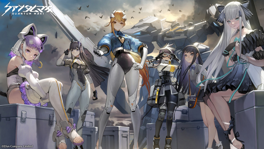 6+girls black_dress blue_eyes blue_jacket bodysuit breasts cassandra_(quantum_maki) cleavage collarbone dress floating_hair goggles grey_hair grey_vest hand_on_hip helmet high_heels highres jacket leaning_forward leotard long_hair mecha medium_breasts multiple_girls off-shoulder_dress off_shoulder official_art pilot_suit quantum_maki robot science_fiction sitting smile spica_(quantum_maki) standing takayama_toshiaki vest white_footwear white_jacket white_leotard