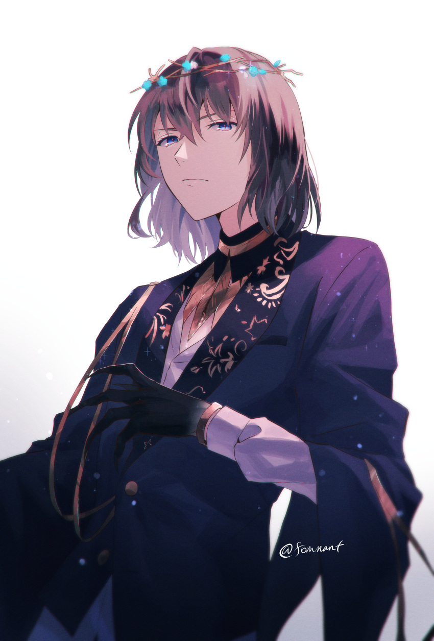 1boy absurdres bangs black_gloves black_hair black_jacket blue_eyes blue_flower bracelet buttons closed_mouth commentary cowboy_shot fate/grand_order fate_(series) fingernails flower fomnant frown gloves head_wreath highres jacket jewelry lapels light_particles long_sleeves looking_at_viewer male_focus medium_hair oberon_(fate) oberon_(overnight_dream)_(fate) sharp_fingernails shawl_lapels shirt sleeves_past_elbows solo suit_jacket twitter_username very_long_fingernails white_background white_shirt