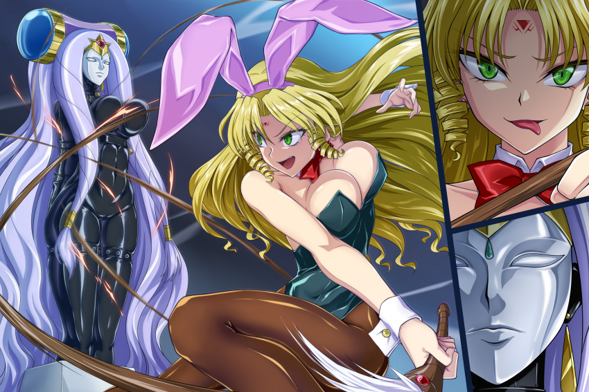 2girls absurdres animal_ears bakuretsu_hunters barbara_oilvert battle black_leotard bodysuit bow bowtie breasts brown_pantyhose character_request commentary_request commission detached_collar earrings evil_smile high_heels highres jewelry large_breasts latex latex_bodysuit leotard makeup mask multiple_girls multiple_views pantyhose pixiv_request playboy_bunny rabbit_ears rabbit_tail red_bow red_bowtie ribimura smile solo strapless strapless_leotard tail tongue tongue_out weapon